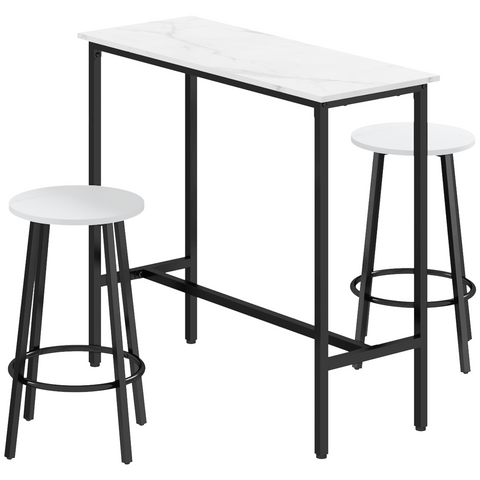 HOMCOM 3 Piece Bar Table Set for 2 with Stools Steel Frame Footrest White