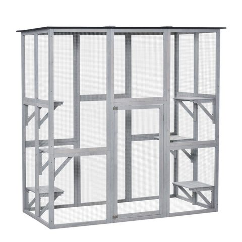 PawHut Wooden Cat House with Platforms, Cat Cage for Multiple Kittens
