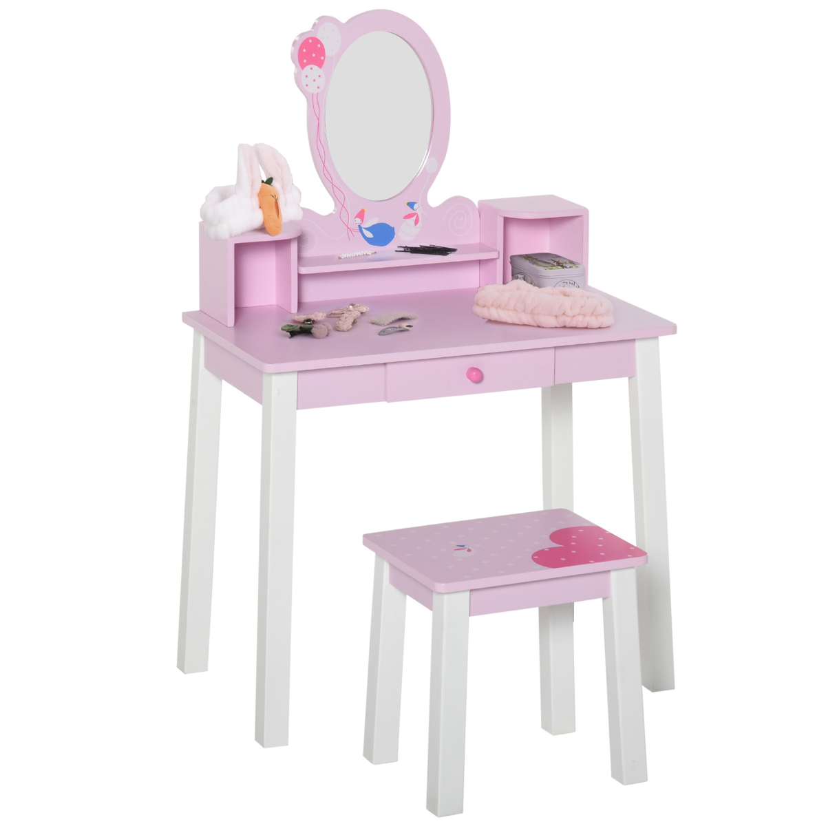 Kids Dressing Table and Stool Set Make Up Desk with Storage (Pink) HOMCOM