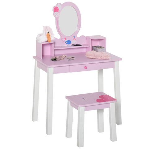 Kids Dressing Table and Stool Set Make Up Desk with Storage (Pink) HOMCOM
