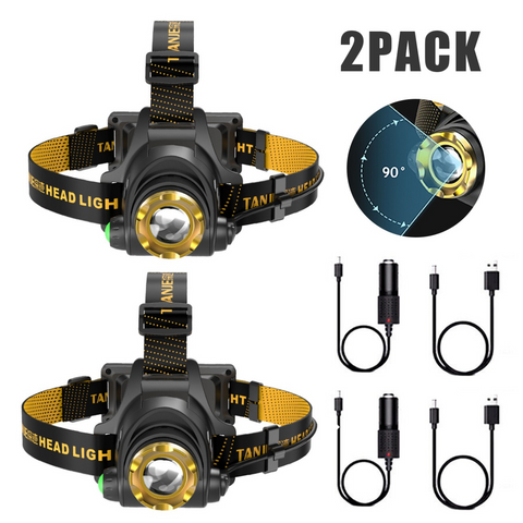 (2 Pack) USB Rechargeable LED Headlamp 3 Modes Head Torch Zoomable Headlight+Car Charger+USB Cable