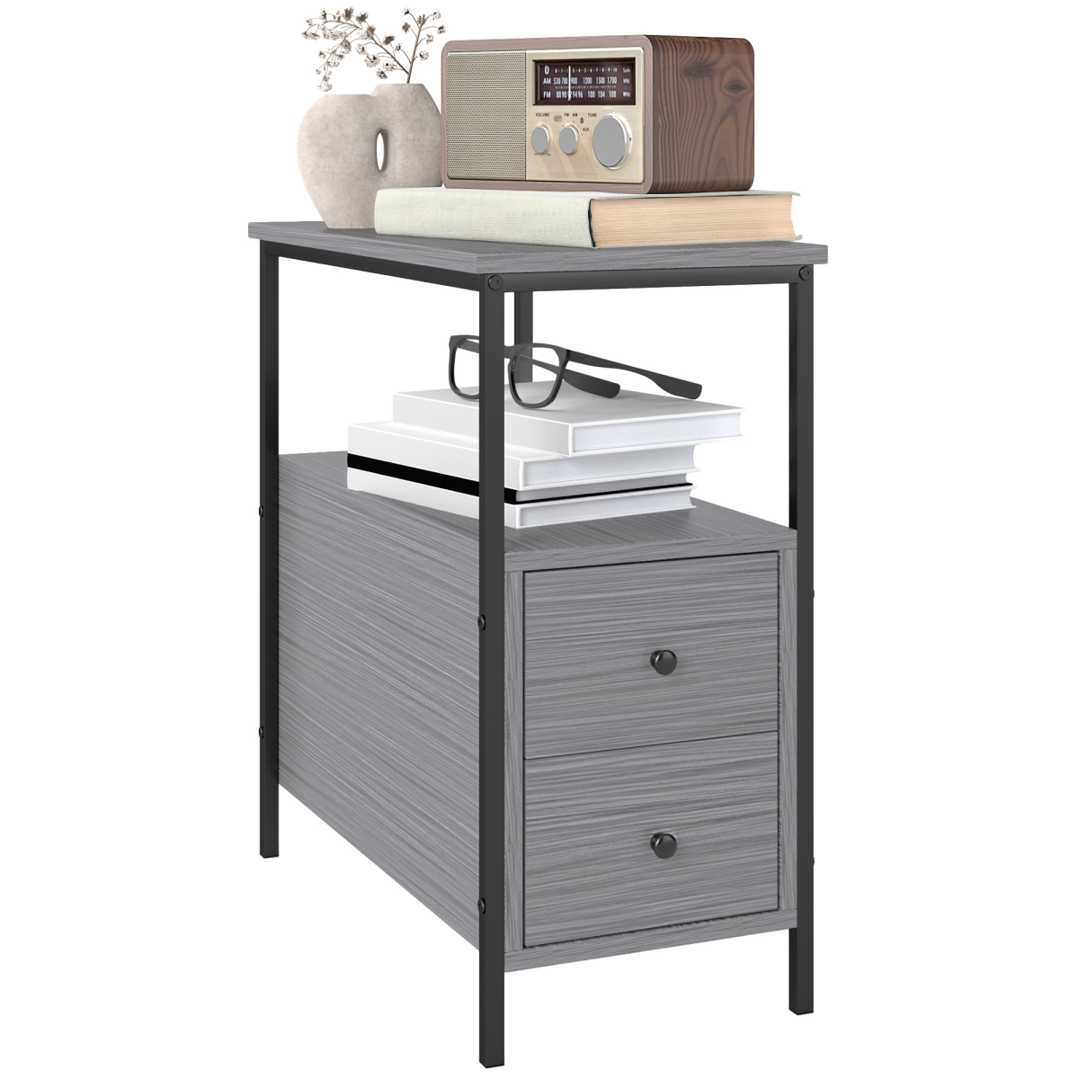 HOMCOM Narrow End Table, Sofa Side Table with 2 Drawers Storage Shelf, Grey