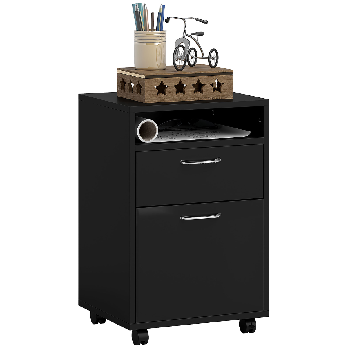 HOMCOM 60cm Storage Cabinet w/ Drawer Open Shelf Metal Handles 4 Wheels Black