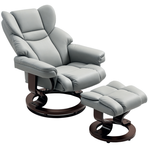HOMCOM PU Leather Manual Reclining Armchair Footstool Padded Seat Light Grey