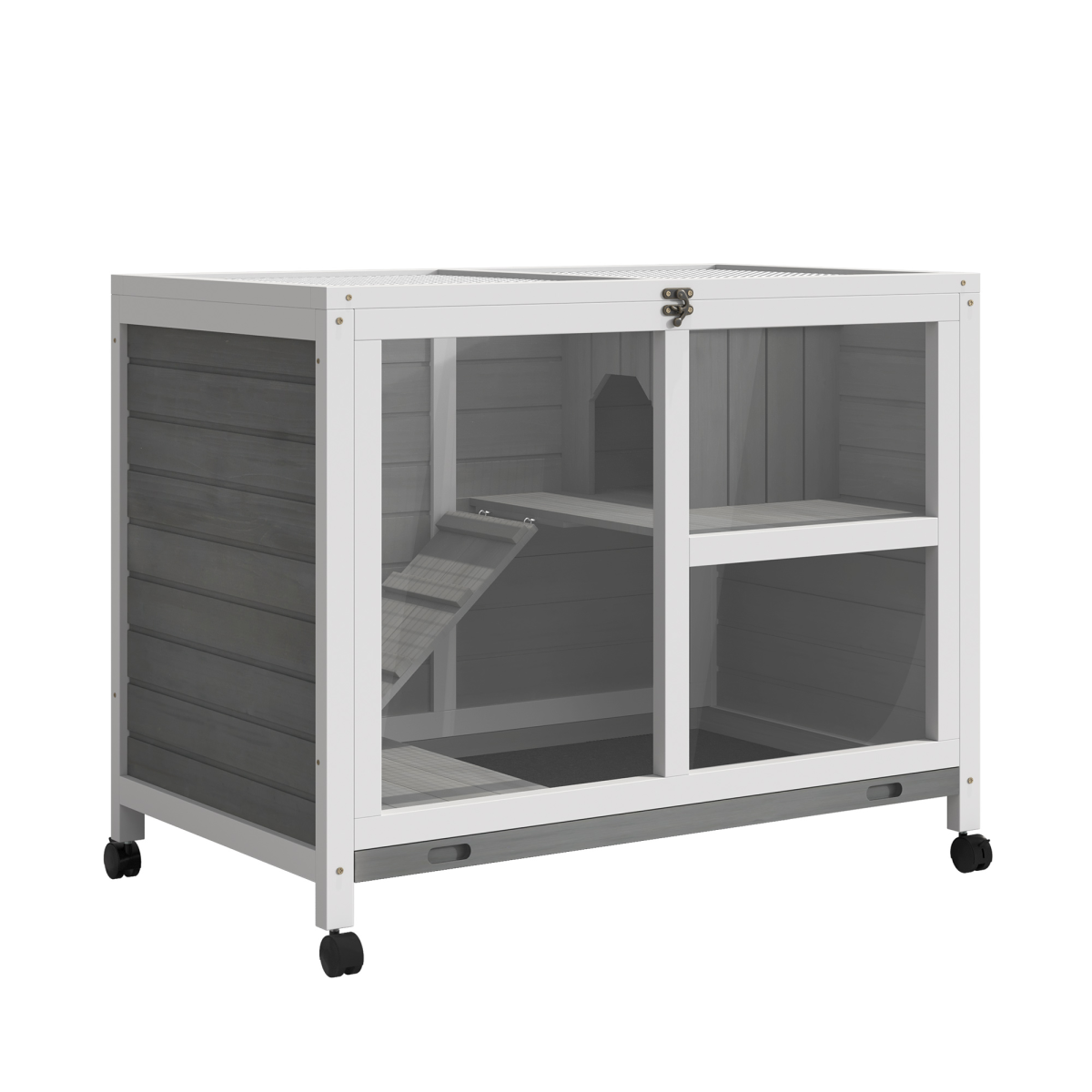 Wood Rabbit Hutch Bunny Cage Pet House Indoor W/ Tray Ramp, Grey Pawhut