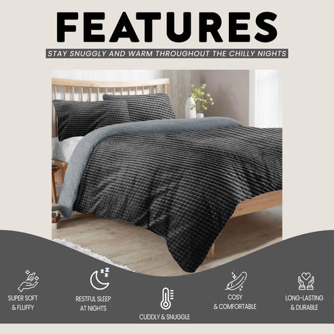 OLIVIA ROCCO Maine Check Fleece Duvet Cover Set Reversible With Pillowcases Super Soft Fluffy Winter Warmth Black Grey Bedding