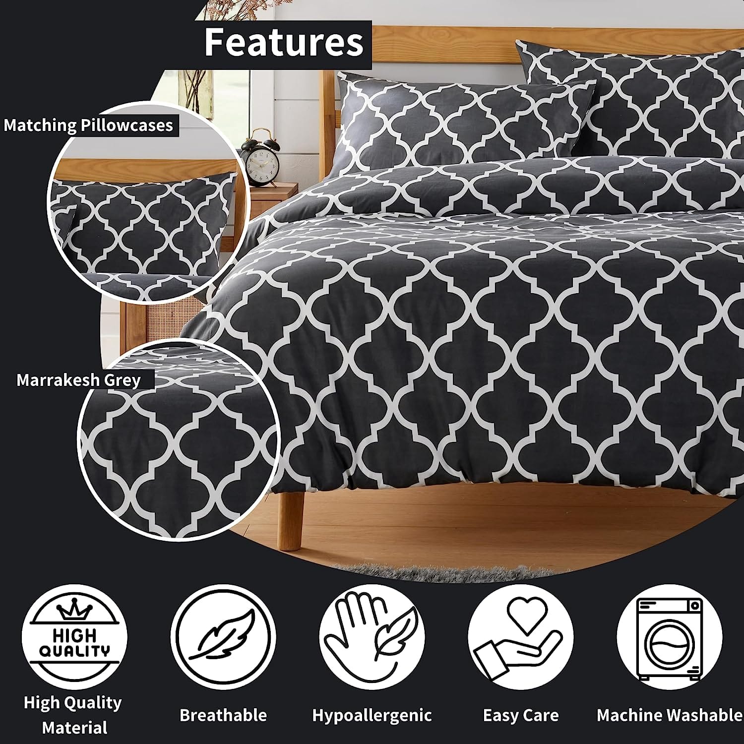 OLIVIA ROCCO Marrakesh Grey Printed Duvet Cover Set Easy Care Polyester Blend With Pillowcases For Master Bedroom, Guest Rooms, Dorms