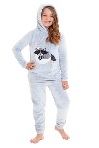 OLIVIA ROCCO Matching Mother Daughter Raccoon Fleece Hooded Pyjama Set With Sherpa Lining And Embroidered Design For Family Bonding