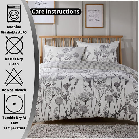 OLIVIA ROCCO Meadow Grey Reversible Duvet Cover Set With Pillowcases Breathable Polyester Durable Easy Care For Master And Guest Rooms Decor