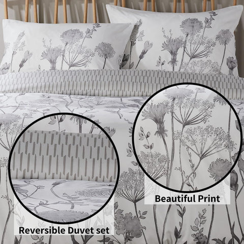 OLIVIA ROCCO Meadow Grey Reversible Duvet Cover Set With Pillowcases Breathable Polyester Durable Easy Care For Master And Guest Rooms Decor