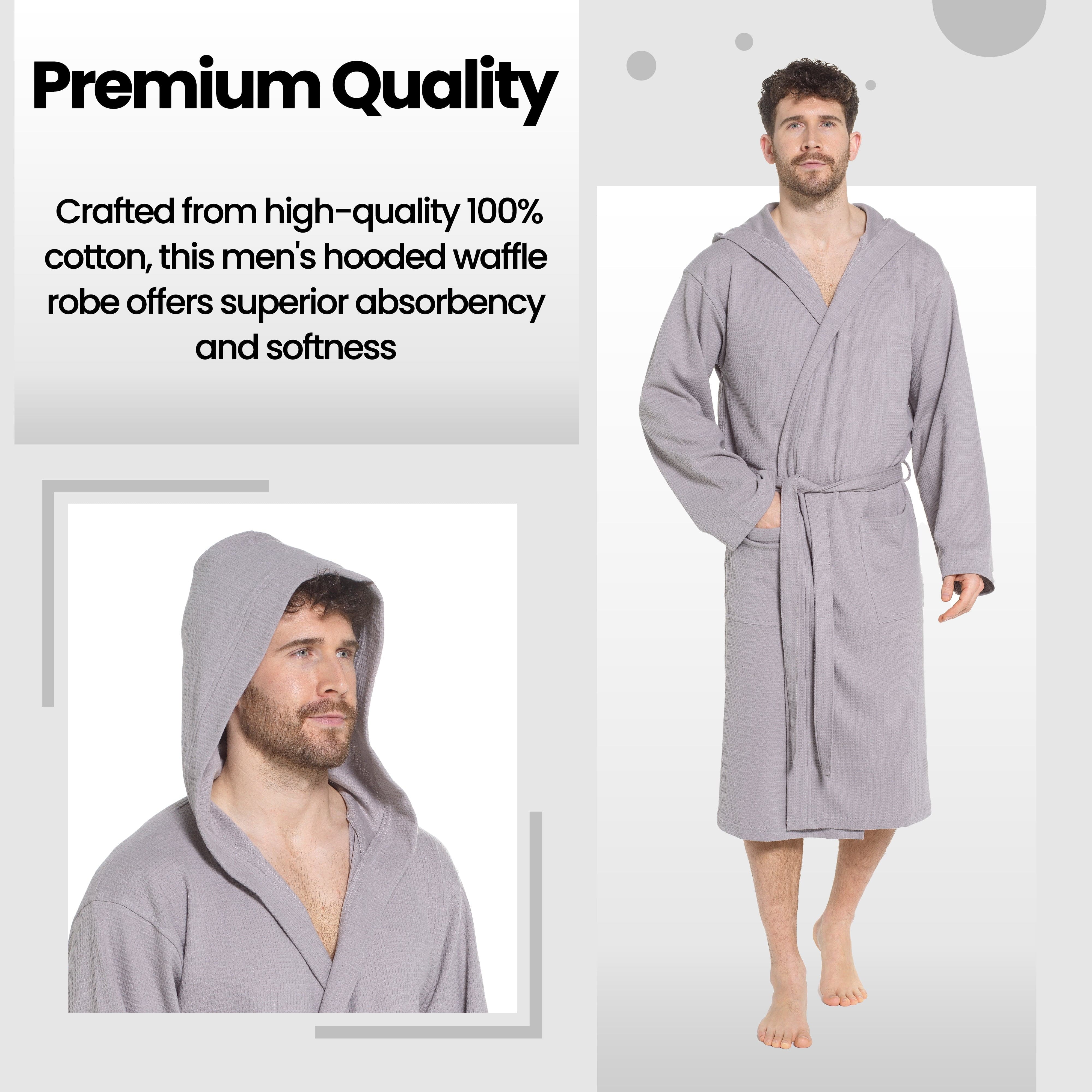 OLIVIA ROCCO Men's Hooded Waffle Cotton Bathrobe Grey 100 Percent Cotton Super Absorbent Spa Robe For Home And Loungewear Ideal For Spa And Home Use