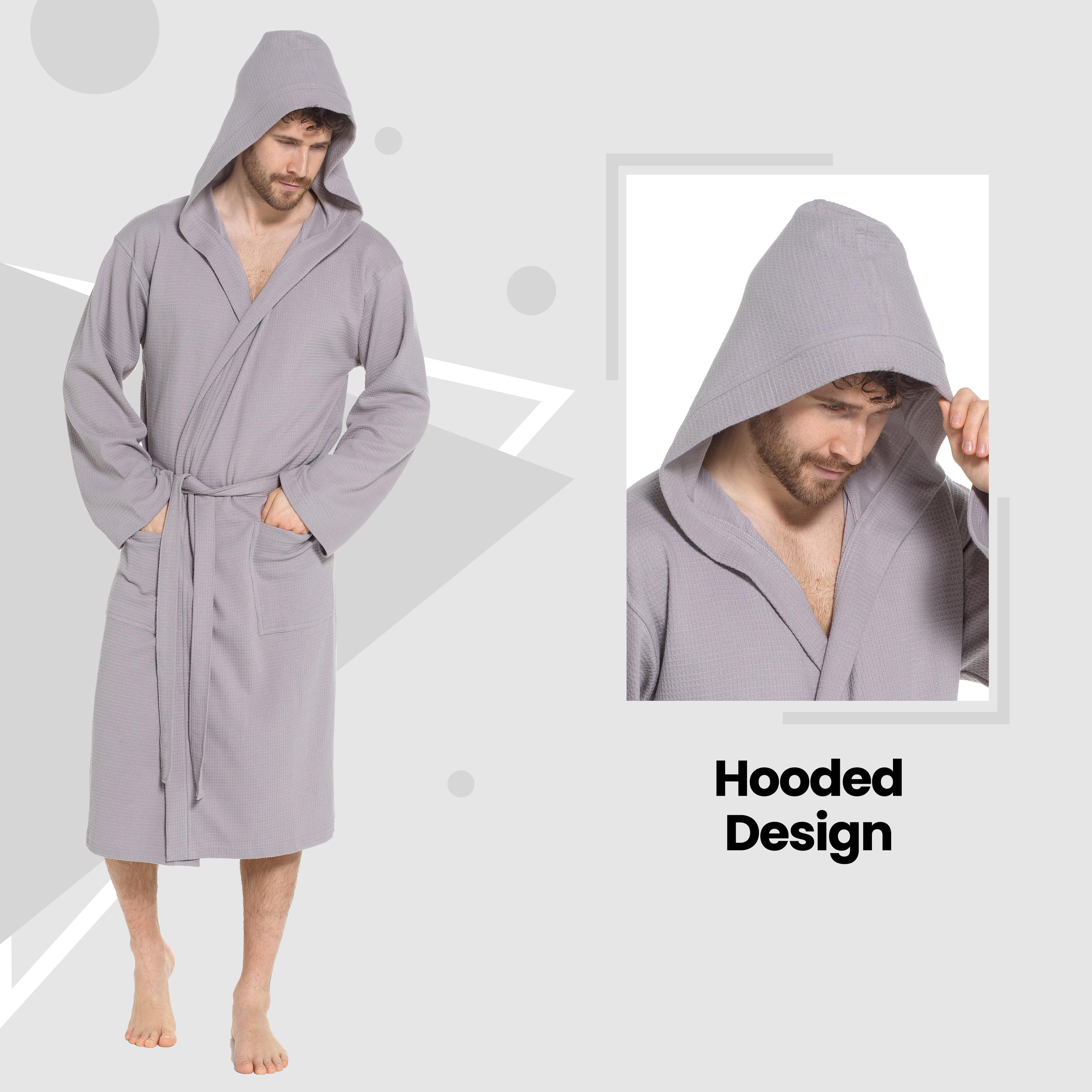 OLIVIA ROCCO Men's Hooded Waffle Cotton Bathrobe Grey 100 Percent Cotton Super Absorbent Spa Robe For Home And Loungewear Ideal For Spa And Home Use