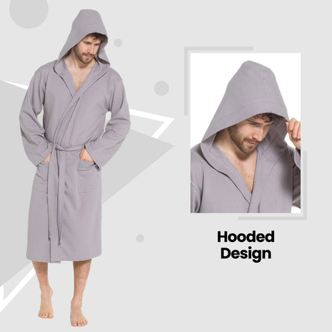 OLIVIA ROCCO Men's Hooded Waffle Cotton Bathrobe Grey 100 Percent Cotton Super Absorbent Spa Robe For Home And Loungewear Ideal For Spa And Home Use