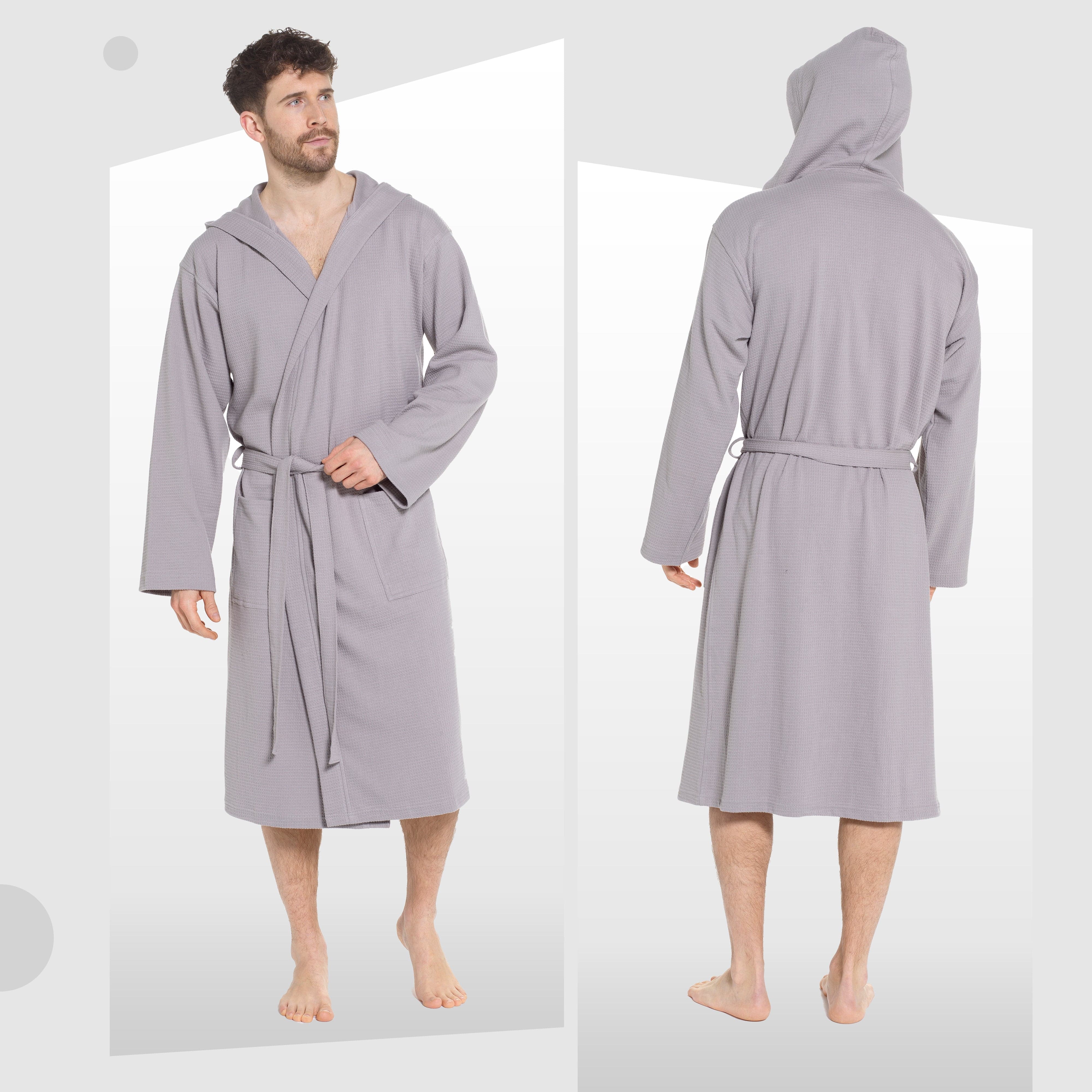 OLIVIA ROCCO Men's Hooded Waffle Cotton Bathrobe Grey 100 Percent Cotton Super Absorbent Spa Robe For Home And Loungewear Ideal For Spa And Home Use