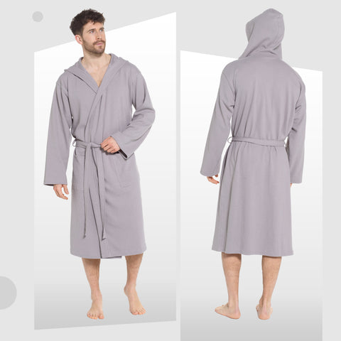 OLIVIA ROCCO Men's Hooded Waffle Cotton Bathrobe Grey 100 Percent Cotton Super Absorbent Spa Robe For Home And Loungewear Ideal For Spa And Home Use