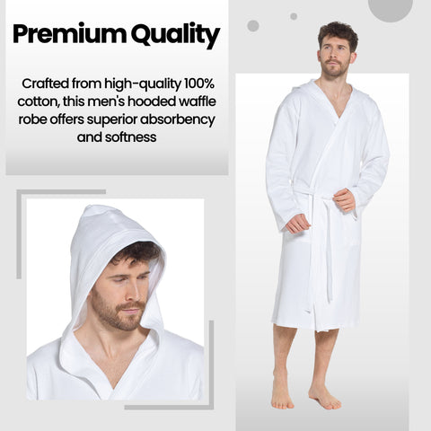OLIVIA ROCCO Men's Hooded Waffle Cotton Bathrobe White Super Absorbent Spa Robe Luxury Dressing Gown For Home And Loungewear