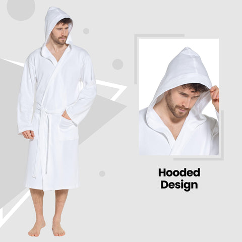 OLIVIA ROCCO Men's Hooded Waffle Cotton Bathrobe White Super Absorbent Spa Robe Luxury Dressing Gown For Home And Loungewear