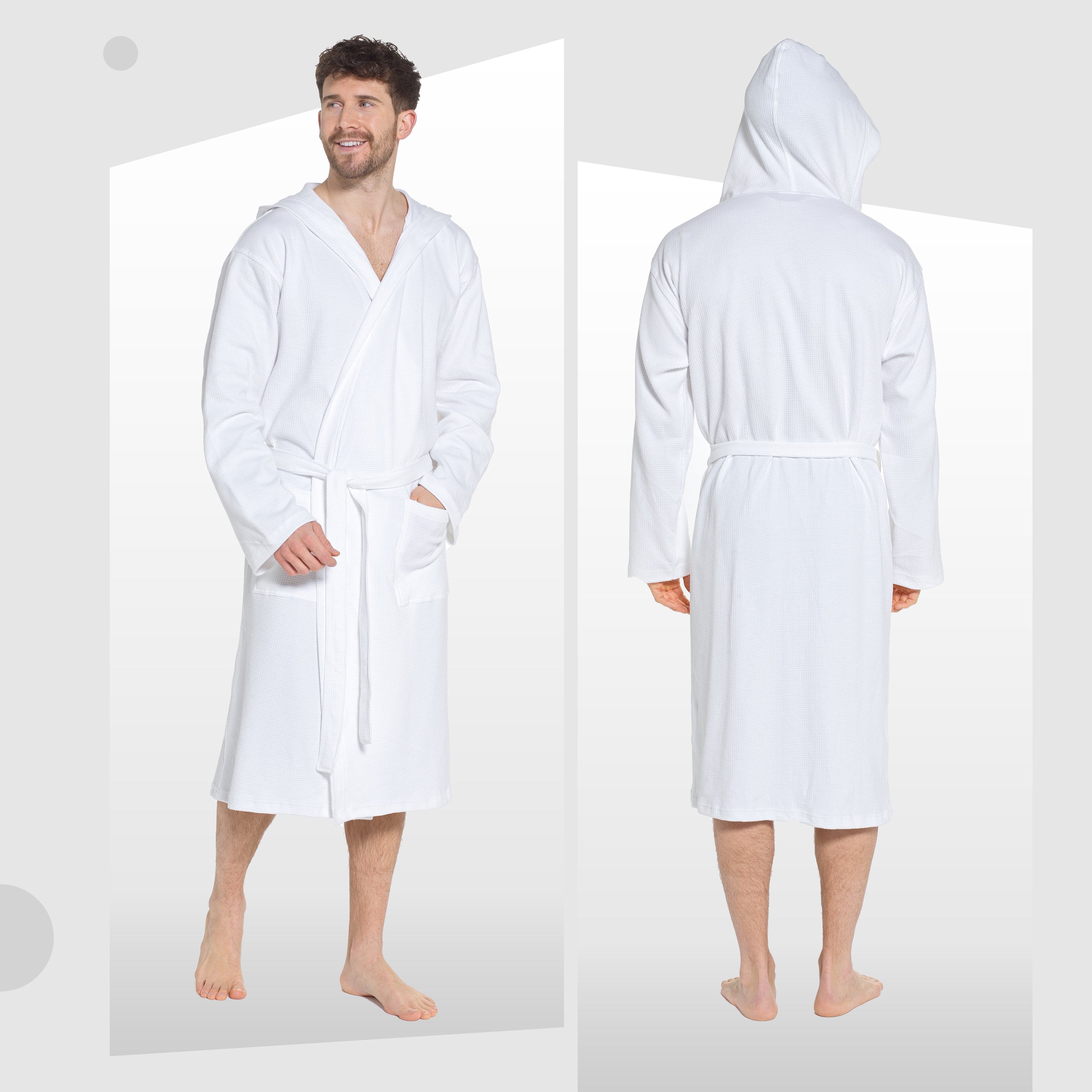 OLIVIA ROCCO Men's Hooded Waffle Cotton Bathrobe White Super Absorbent Spa Robe Luxury Dressing Gown For Home And Loungewear