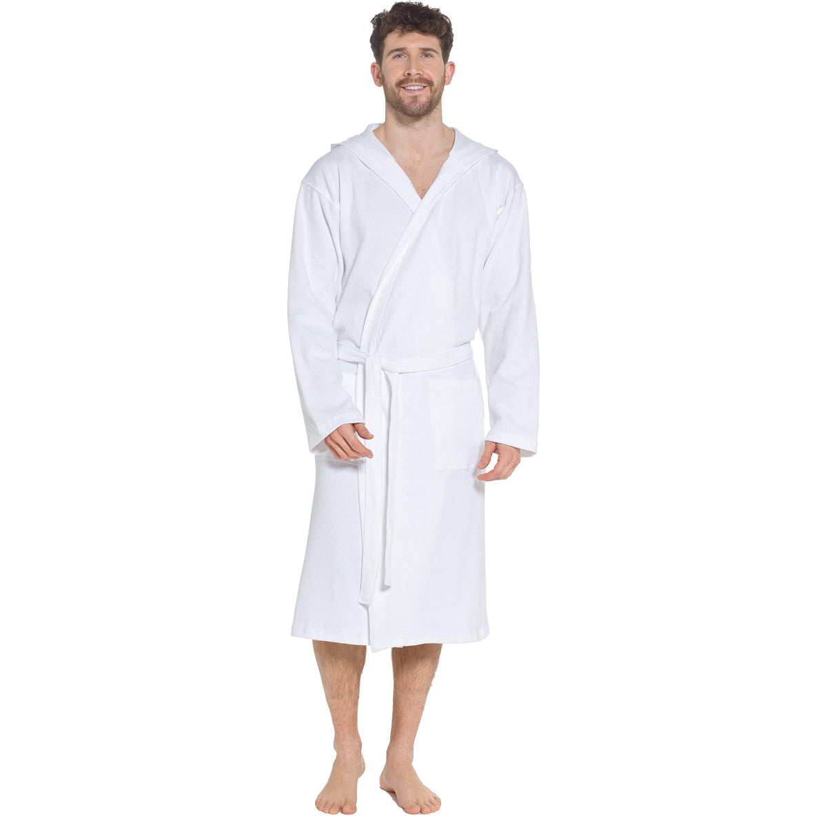 OLIVIA ROCCO Men's Hooded Waffle Cotton Bathrobe White Super Absorbent Spa Robe Luxury Dressing Gown For Home And Loungewear