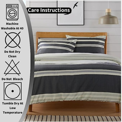 OLIVIA ROCCO Duvet Cover Set Miami Stripes Reversible Hypoallergenic Cotton Blend Grey And Natural Green Multiple Sizes