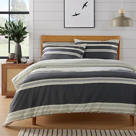 OLIVIA ROCCO Duvet Cover Set Miami Stripes Reversible Hypoallergenic Cotton Blend Grey And Natural Green Multiple Sizes