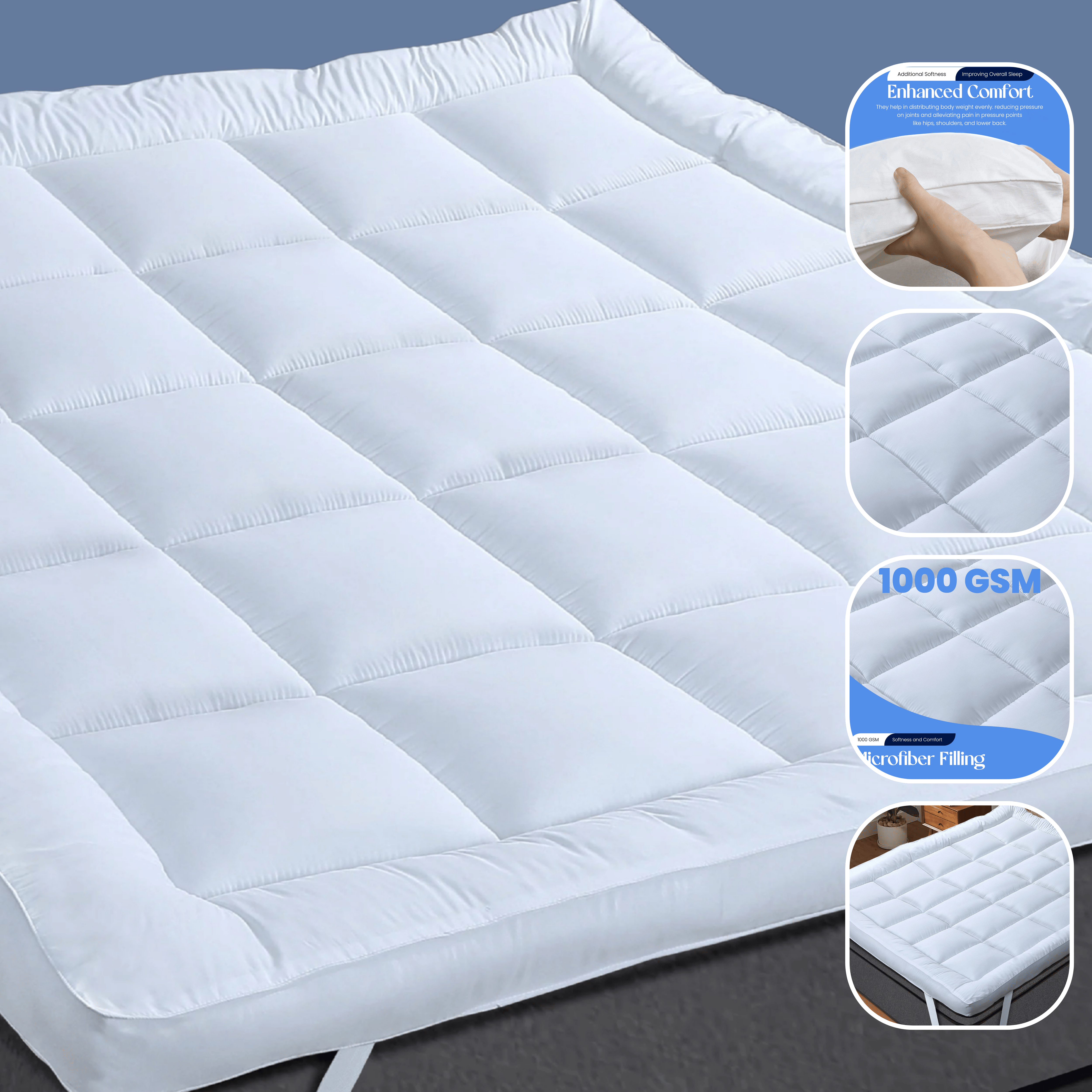 OLIVIA ROCCO Microfibre Mattress Topper Heavy Fill Extra Deep For Ultimate Comfort Anti Allergy Cooling Hypoallergenic Machine Washable