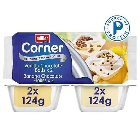 Müller Corner Vanilla Chocolate Balls and Banana Chocolate Flakes Yogurts