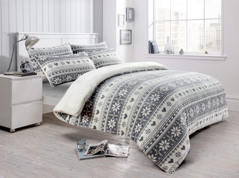 OLIVIA ROCCO Nordic Fair Isle Reversible Teddy Fleece Duvet Set With Pillowcases Plush Faux Fur Bedding Warm Winter Decor