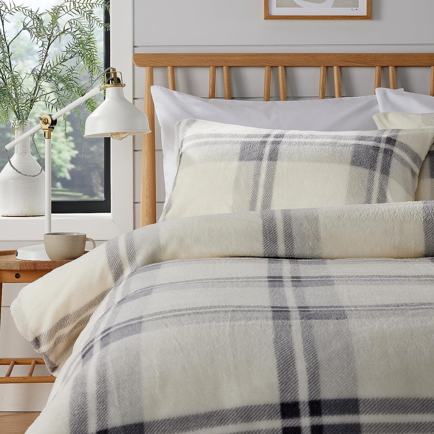 OLIVIA ROCCO Orkney Check Fleece Duvet Set Grey Green Polyester Super Soft Single Double King Luxurious Bedding With Pillowcases