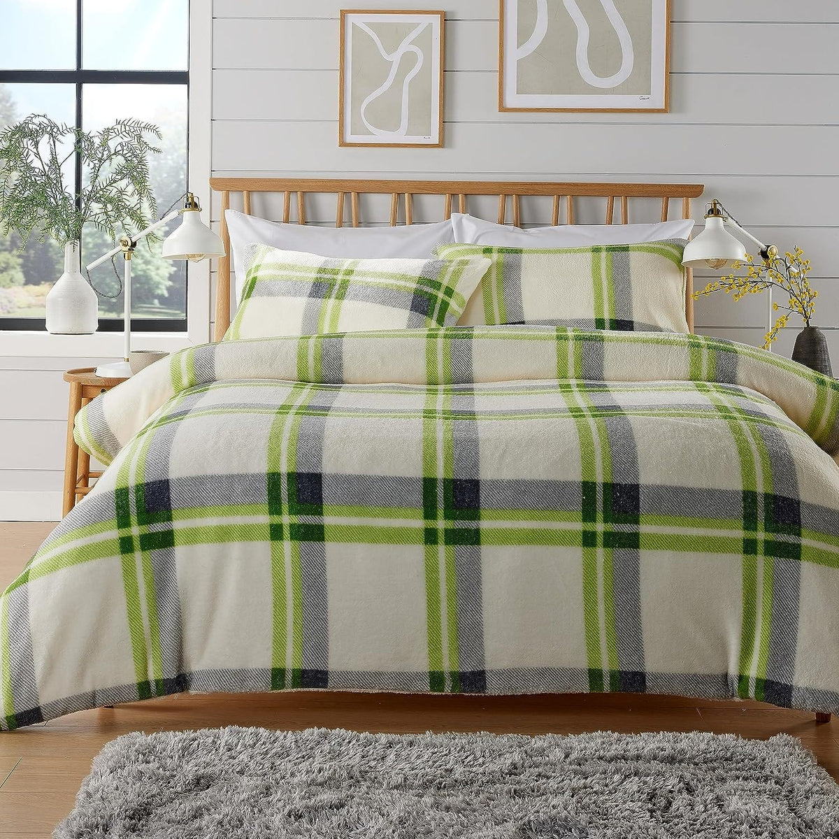 OLIVIA ROCCO Orkney Check Fleece Duvet Set Grey Green Polyester Super Soft Single Double King Luxurious Bedding With Pillowcases