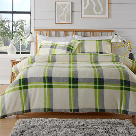 OLIVIA ROCCO Orkney Check Fleece Duvet Set Grey Green Polyester Super Soft Single Double King Luxurious Bedding With Pillowcases