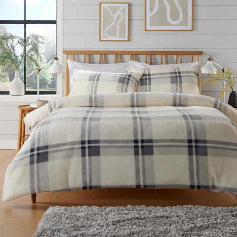 OLIVIA ROCCO Orkney Check Fleece Duvet Set Grey Green Polyester Super Soft Single Double King Luxurious Bedding With Pillowcases