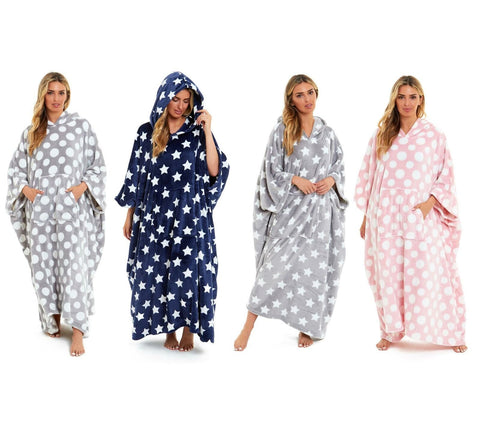 OLIVIA ROCCO Oversized Hooded Fleece Poncho Blanket Stars Polka Dots Wearable Plush Blanket Front Pocket For Adults Indoor Outdoor