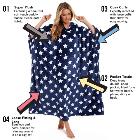 OLIVIA ROCCO Oversized Hooded Fleece Poncho Blanket Stars Polka Dots Wearable Plush Blanket Front Pocket For Adults Indoor Outdoor