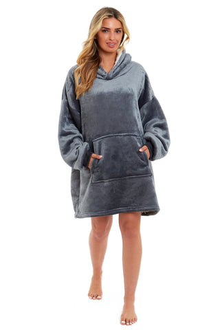 OLIVIA ROCCO Oversized Hooded Blanket Reversible Sherpa Fleece Grey And Pink For Adults And Kids Cozy Plush Wearable Blanket Hoodie