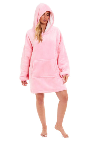 OLIVIA ROCCO Oversized Hooded Blanket Reversible Sherpa Fleece Grey And Pink For Adults And Kids Cozy Plush Wearable Blanket Hoodie