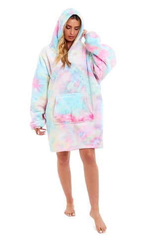 OLIVIA ROCCO Oversized Hooded Tie Dye Rainbow Plush Fleece Blanket With Reversible Sherpa Hoodie Sweatshirt For Adults And Kids Elastic Cuffs Pocket
