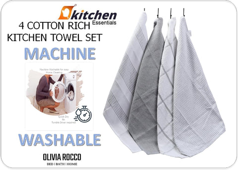 OLIVIA ROCCO Pack Of 4 Green Cotton Tea Towels 65x45 Cm High Absorbency Durable For Drying Dishes And Cleaning Spills For Everyday Kitchen