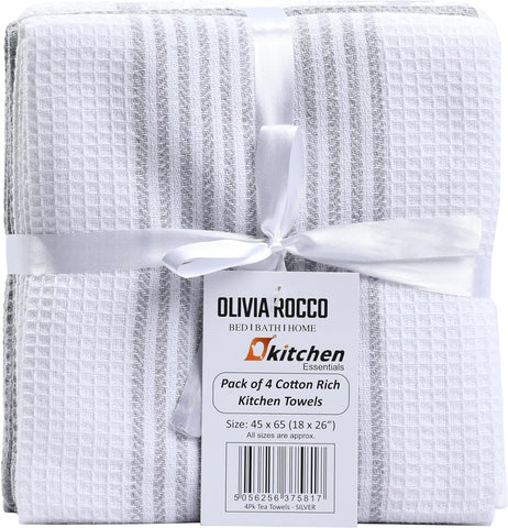 OLIVIA ROCCO Pack Of 4 Green Cotton Tea Towels 65x45 Cm High Absorbency Durable For Drying Dishes And Cleaning Spills For Everyday Kitchen