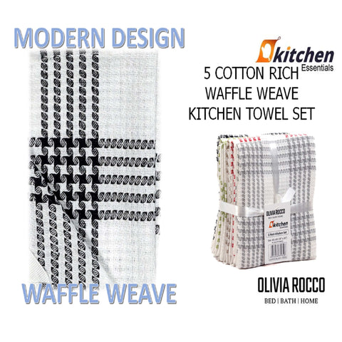 OLIVIA ROCCO Pack of 5 Houndstooth Cotton Tea Towels 45cm X 65cm Super Absorbent Quick Dry Durable Decorative Kitchen Towels