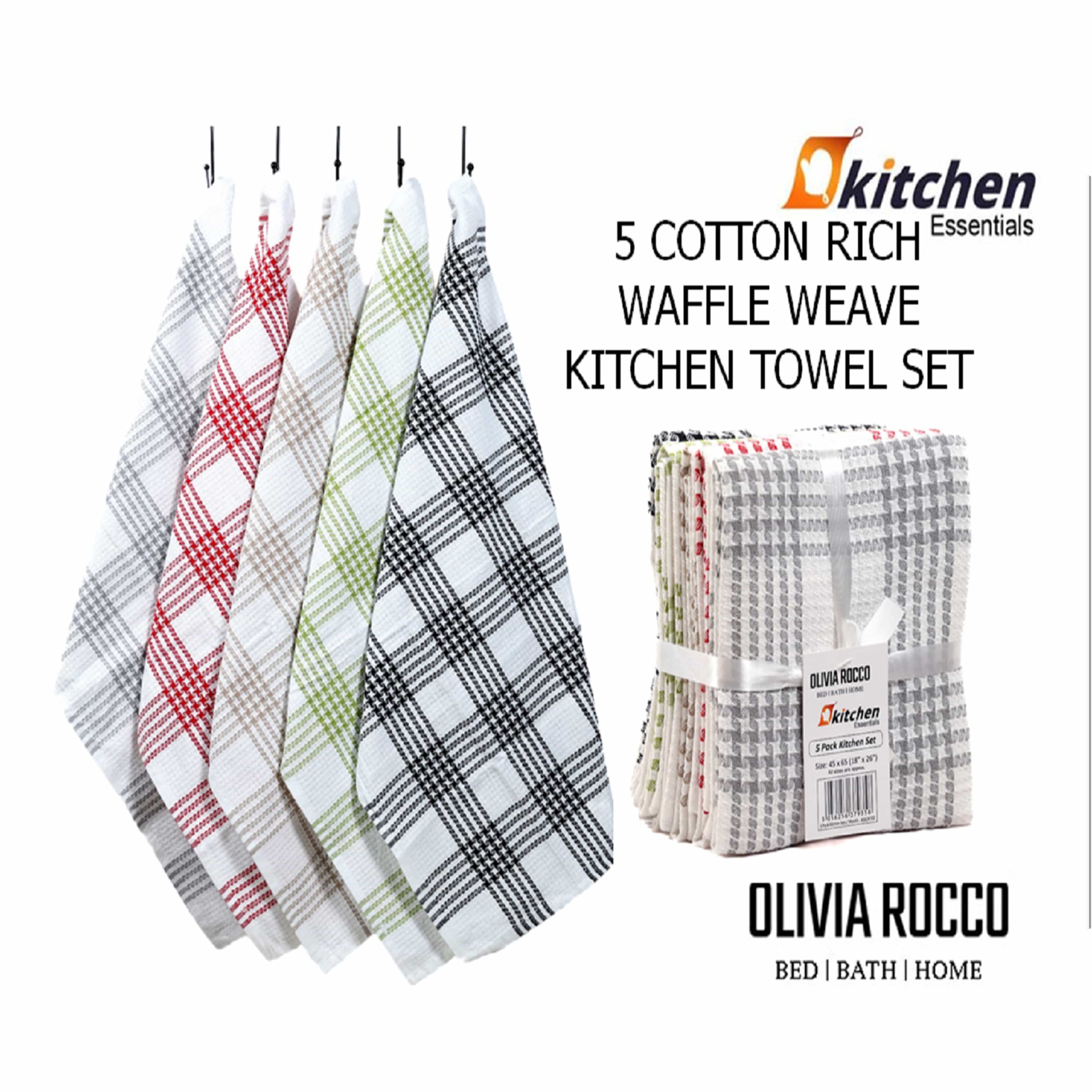 OLIVIA ROCCO Pack of 5 Houndstooth Cotton Tea Towels 45cm X 65cm Super Absorbent Quick Dry Durable Decorative Kitchen Towels