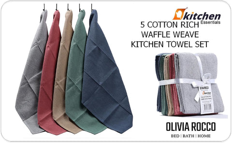 OLIVIA ROCCO 5 Pack Ultra Absorbent Waffle Kitchen Tea Towels Soft Cotton Assorted Colours For Home And Catering Use Set