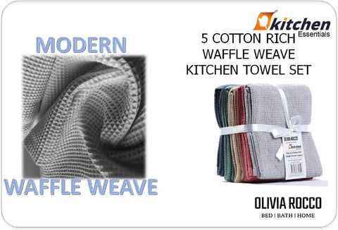 OLIVIA ROCCO 5 Pack Ultra Absorbent Waffle Kitchen Tea Towels Soft Cotton Assorted Colours For Home And Catering Use Set