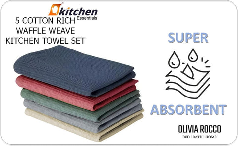 OLIVIA ROCCO 5 Pack Ultra Absorbent Waffle Kitchen Tea Towels Soft Cotton Assorted Colours For Home And Catering Use Set