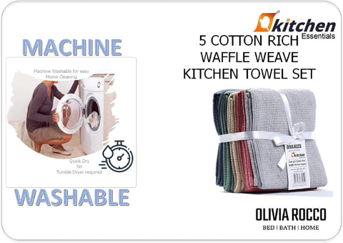 OLIVIA ROCCO 5 Pack Ultra Absorbent Waffle Kitchen Tea Towels Soft Cotton Assorted Colours For Home And Catering Use Set