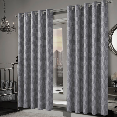 OLIVIA ROCCO Paris Eyelet Jacquard Curtains Grey Geometric Pattern Thermal Insulated Light Blocking For Bedroom And Lounge