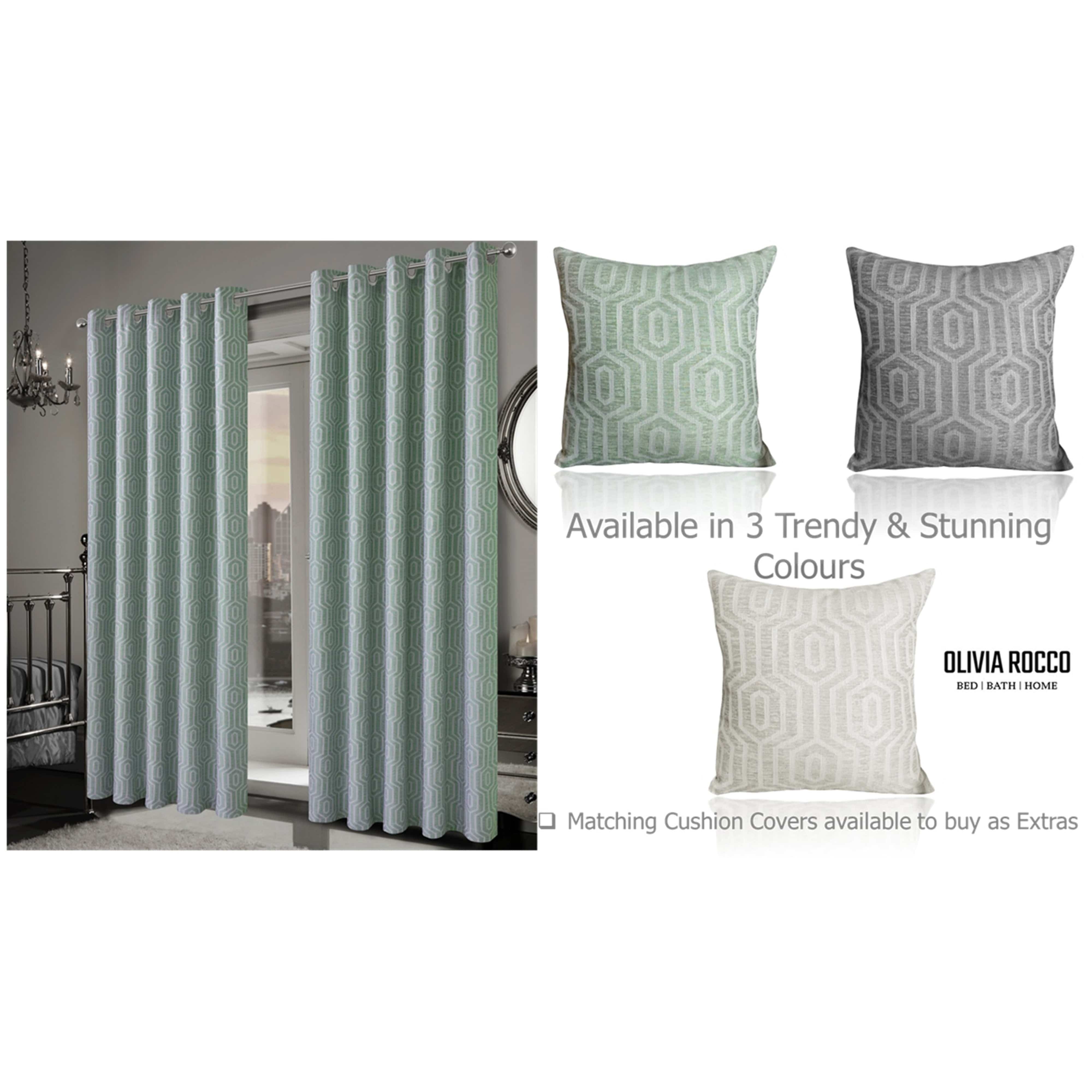 OLIVIA ROCCO Paris Eyelet Jacquard Curtains Sage Green Geometric Pattern Thermal Insulated Light Blocking For Bedroom Lounge