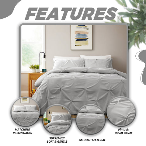 OLIVIA ROCCO Pintuck Grey Microfibre Duvet Cover Set With Pillowcases Soft Breathable Easy Care Bedding For Modern Bedrooms