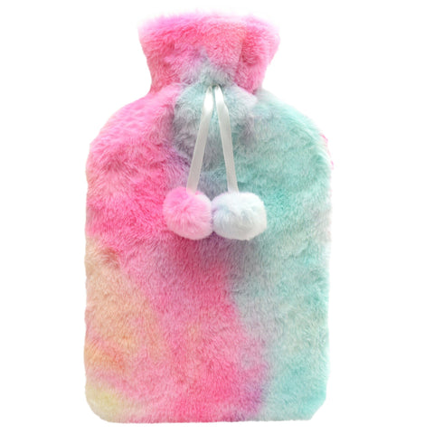 OLIVIA ROCCO Rainbow Tie Dye Faux Fur Hot Water Bottle 2L With Pom Poms Teddy Plush Cover UK Safe Tested Gift For Adults And Kids Great For Cold Days
