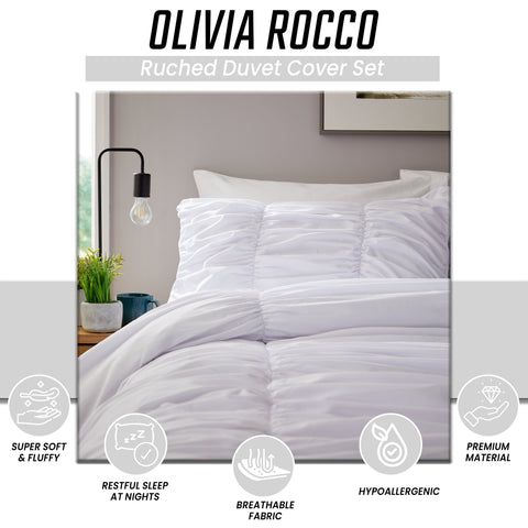 OLIVIA ROCCO Ruched White Microfibre Duvet Cover Set With Pillowcases Ruffle Bedding For Modern Bedrooms Soft Easy Care